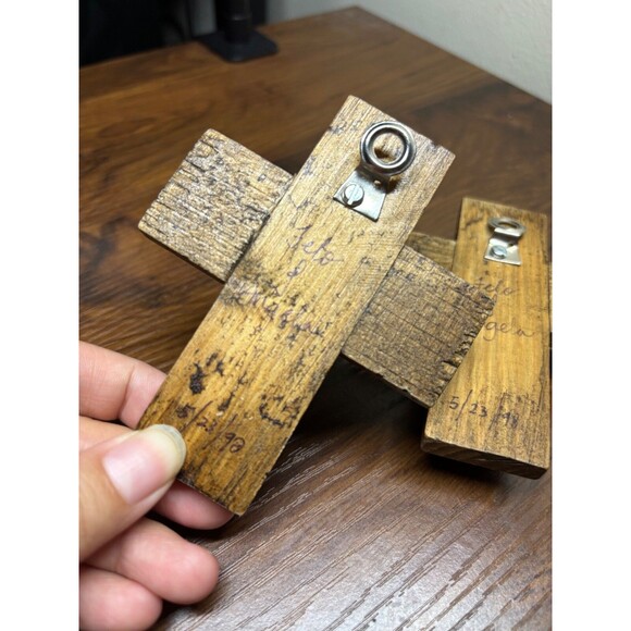 2 90S SMALL Mexican BLUE Talavera Pottery Cross Inlaid WOOD Wall Hanging 4" X 3" - Picture 3 of 7